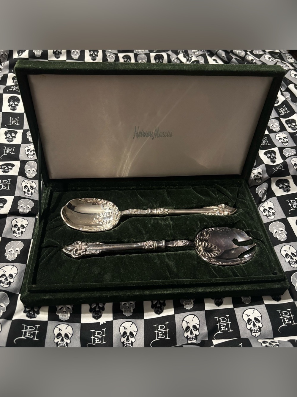 Neiman Marcus Silver Plated Salad Serving Utensils Set in Green Velvet Box